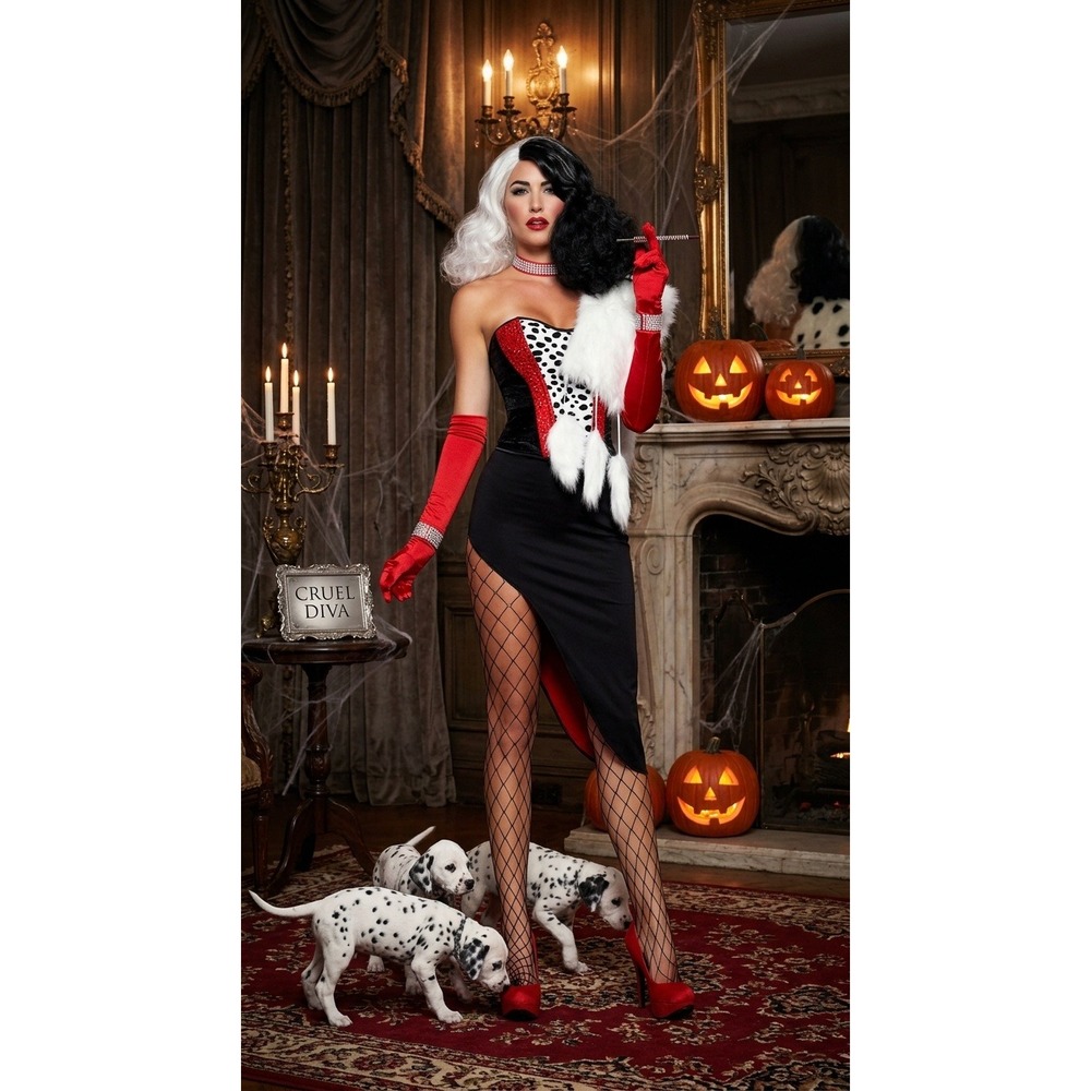 Leg Avenue Cruel Diva Costume Womens M Black Red Dalmatian 5pc Halloween 85396